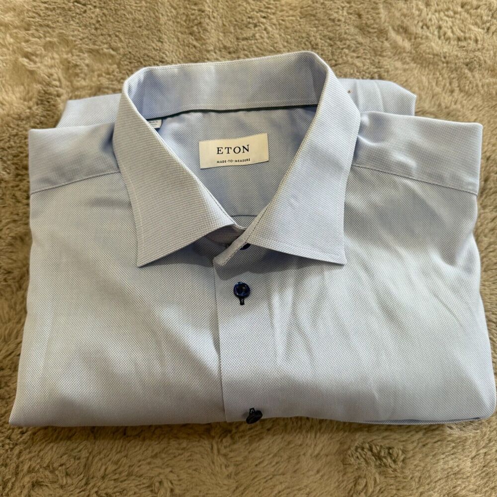 Eton Made-to-Measure Blue Oxford Shirt L 100% Cotton Navy‎ Buttons Luxury Formal